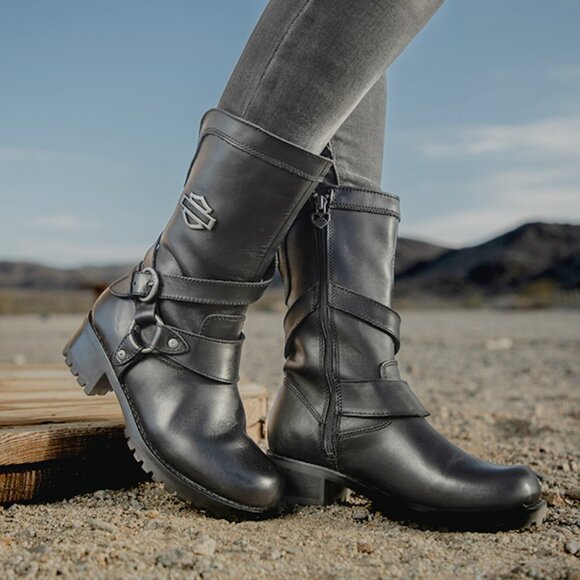 HARLEY DAVIDSON *Amber* 9.5" Black Leather zip Biker Boots  Water Resistant 9 - Picture 1 of 9